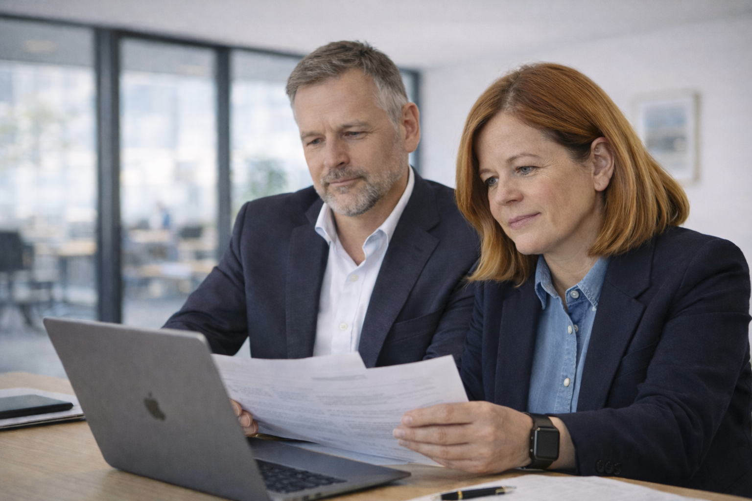 Zwei Personen in dunklen Blazern – ein Mann mit grauem Bart und eine rothaarige Frau – arbeiten gemeinsam an einem MacBook und prüfen ein Dokument in einem hellen, modernen Büro.